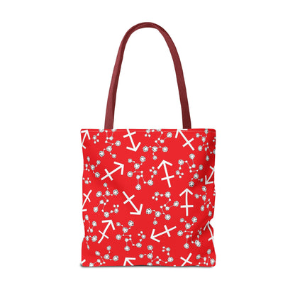 Tote Bag, Sagittarius Zodiac Sign, AOP, (Red, White Print)
