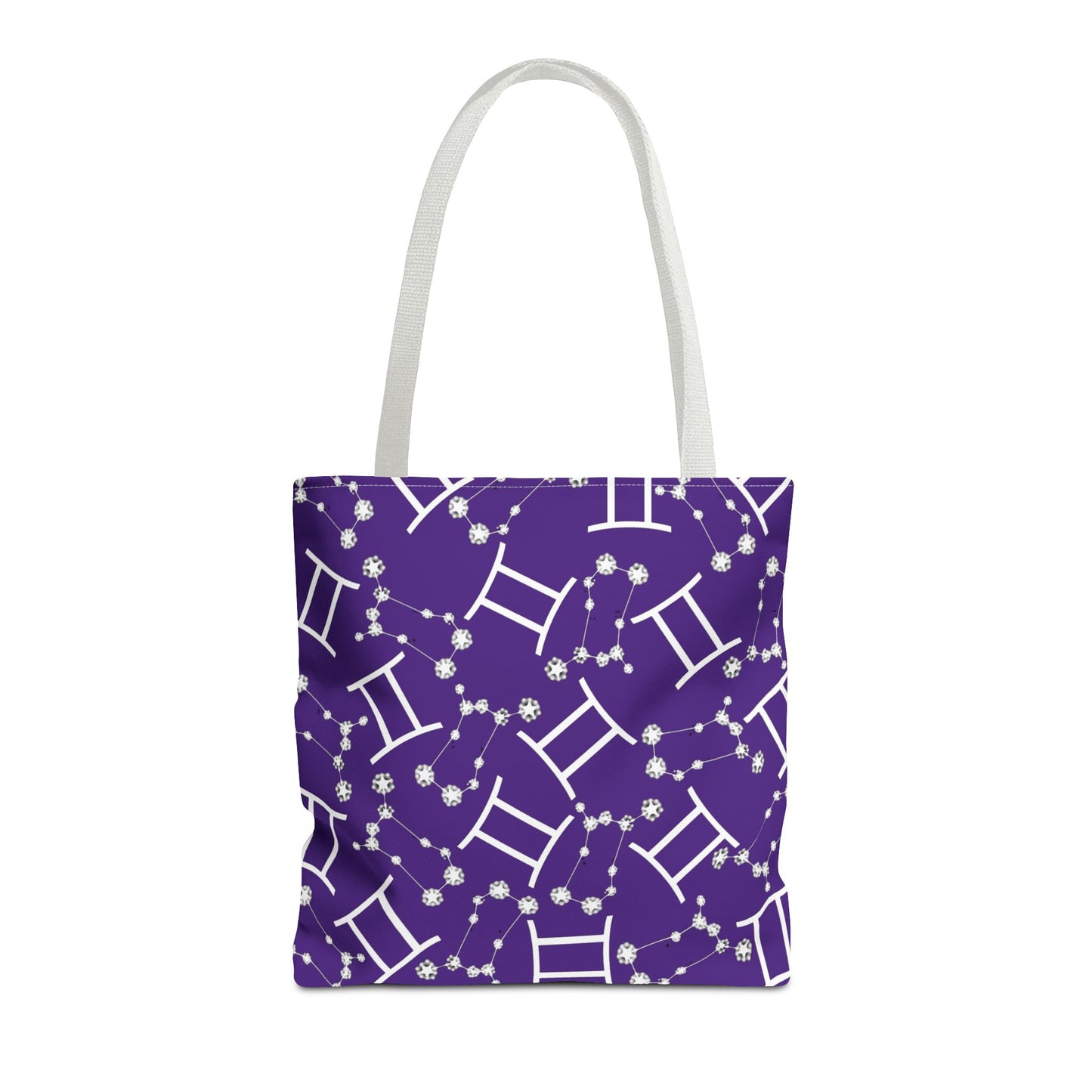 Tote Bag, Gemini Zodiac Sign, AOP, (Purple, White Print)