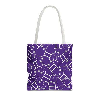 Tote Bag, Gemini Zodiac Sign, AOP, (Purple, White Print)