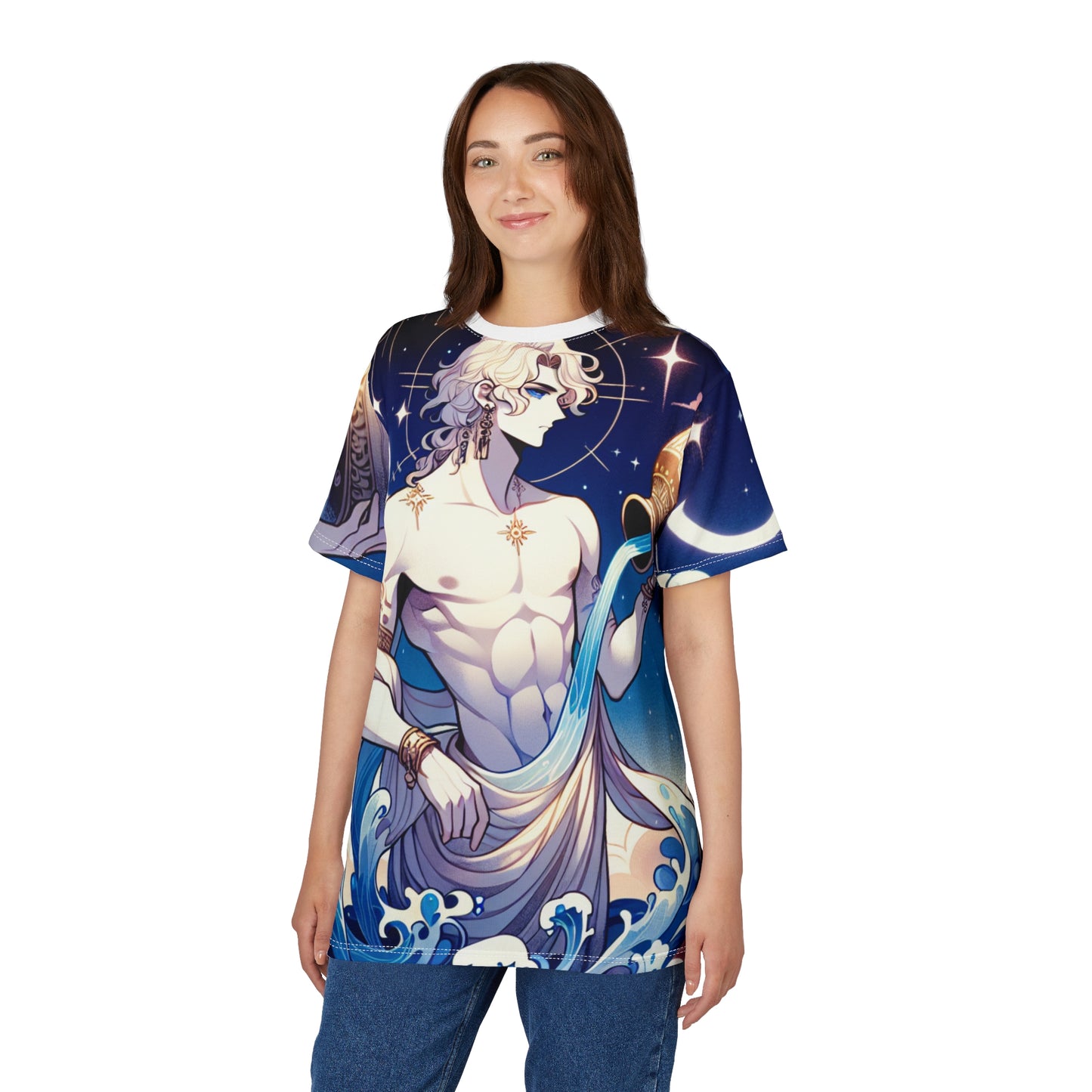 Unisex Cut & Sew T-Shirt (AOP), Anime Character, Aquarius Zodiac Design, Regular fit, 100% Polyester