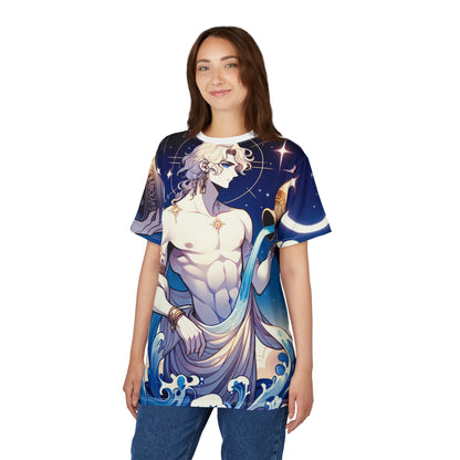 Unisex Cut & Sew T-Shirt (AOP), Anime Character, Aquarius Zodiac Design, Regular fit, 100% Polyester