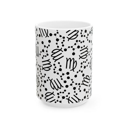 Ceramic Mug, (11oz, 15oz), Ceramic Coffee Mug, AOP, Constellation & Symbol, Virgo Zodiac Design