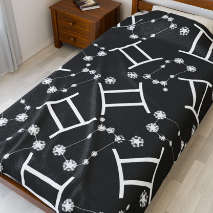 Velveteen Plush Blanket, Gemini Zodiac Sign, Constellation & Symbol, Black, 100% polyester