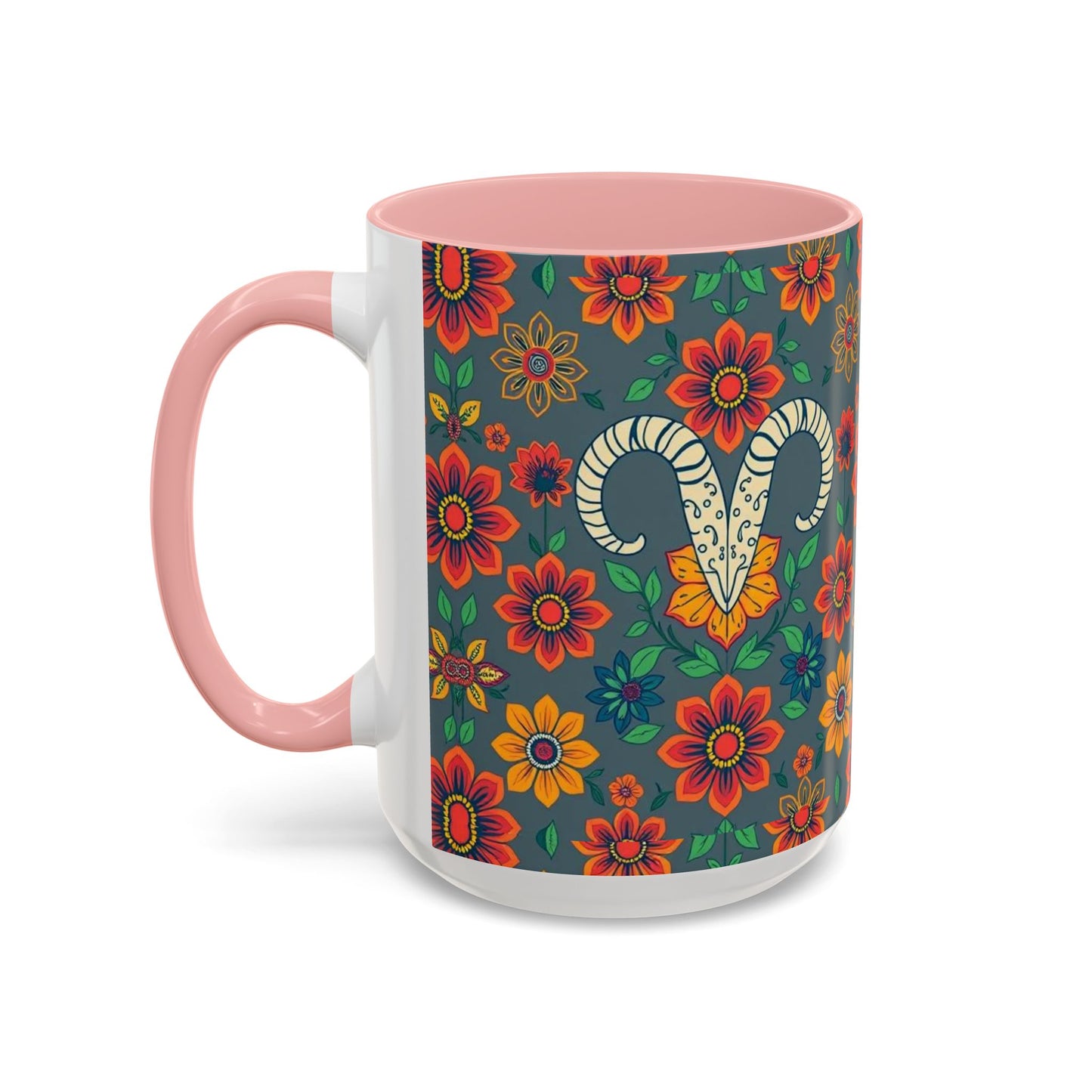 Accent Coffee Mug, Aries, Zodiac v4, Flower Pattern, (11, 15oz)