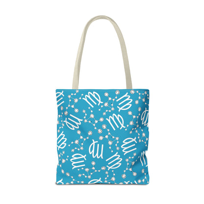 Tote Bag, Virgo Zodiac Sign, AOP, (Turquoise, White)