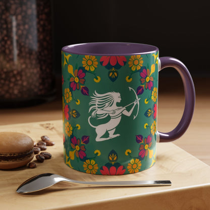 Accent Coffee Mug, Sagittarius, Zodiac. Flower Pattern, (11, 15oz)