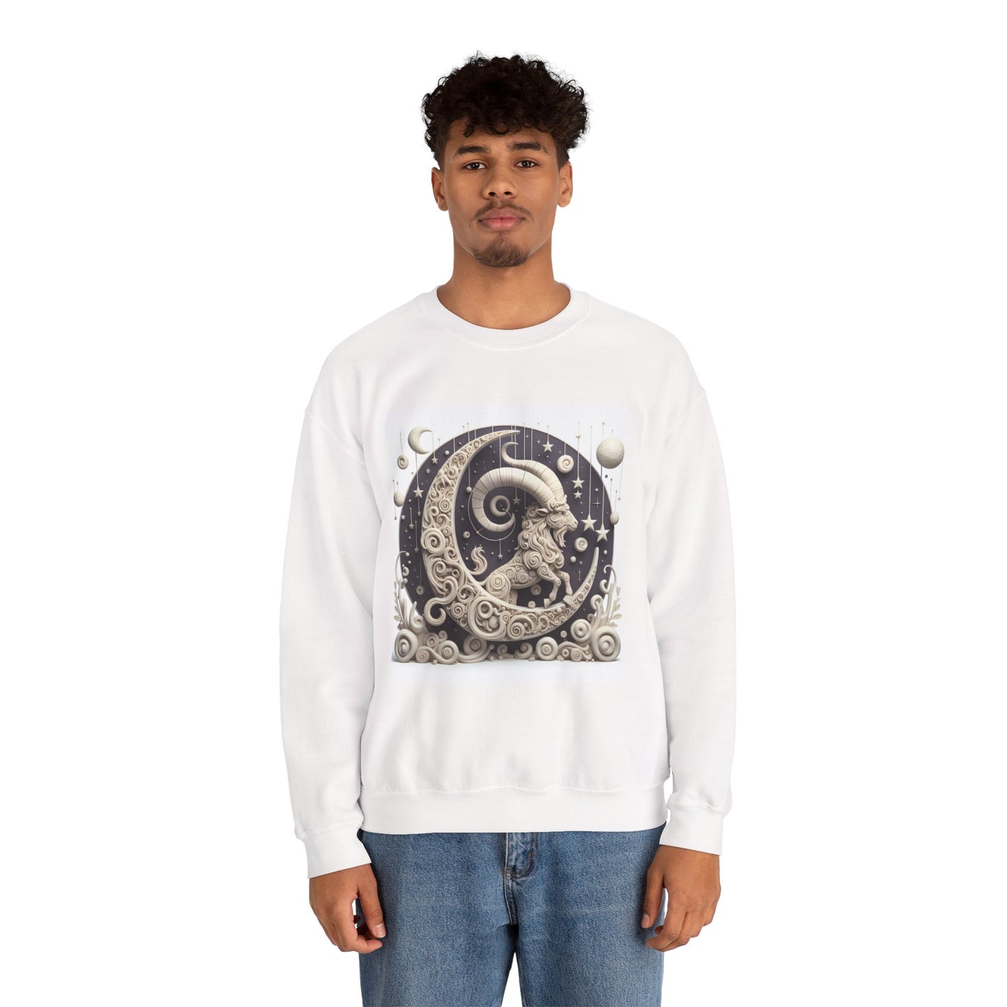 Unisex Heavy Blend™ Crewneck Sweatshirt, Stone Moon, Capricorn Zodiac Design