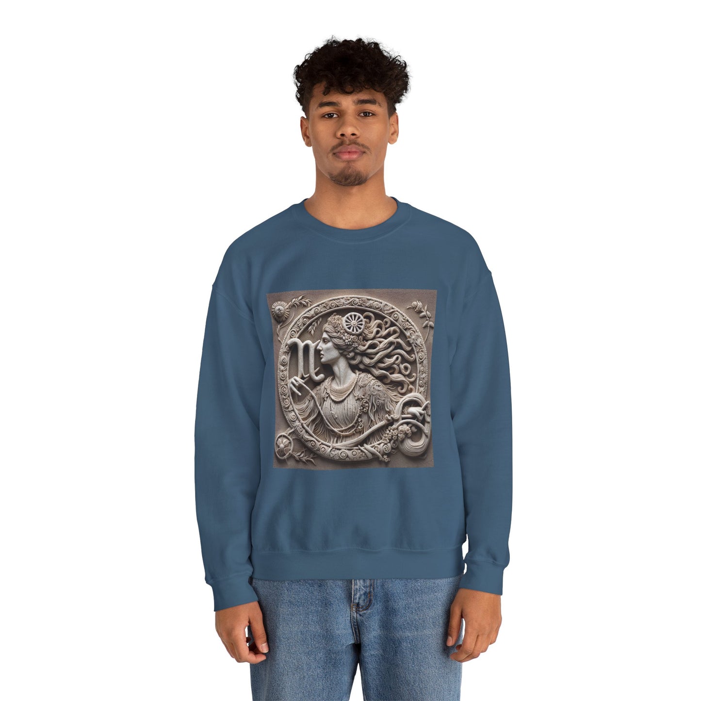 Unisex Heavy Blend™ Crewneck Sweatshirt, Stone Carving, Virgo Zodiac Design