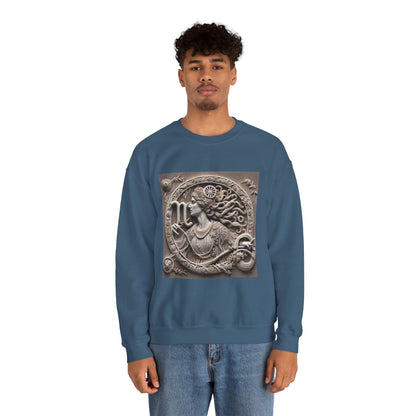 Unisex Heavy Blend™ Crewneck Sweatshirt, Stone Carving, Virgo Zodiac Design