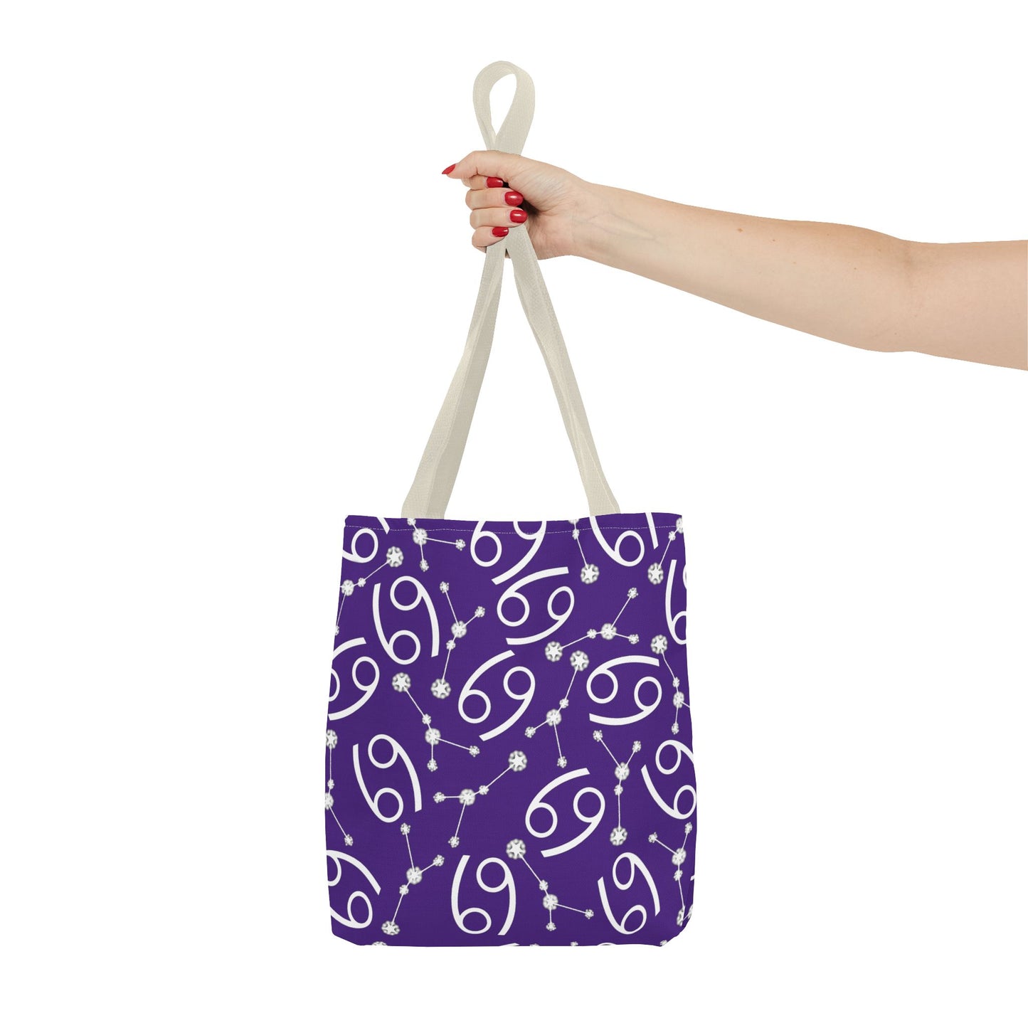 Tote Bag, Cancer Zodiac Sign, AOP, (Purple, White)