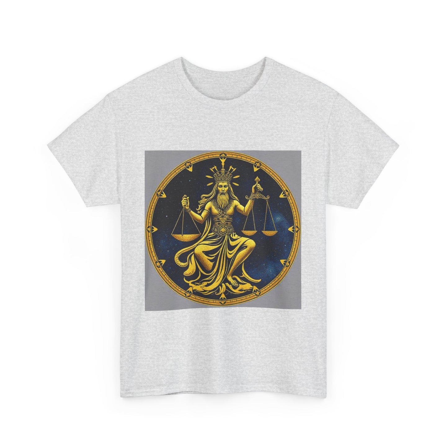 Unisex Heavy Cotton T-Shirt, Gold v1, Libra God, Zodiac Design