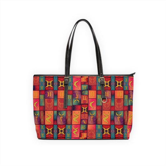 Leather Shoulder Bag, Gemini, Zodiac v4, Shapes Pattern