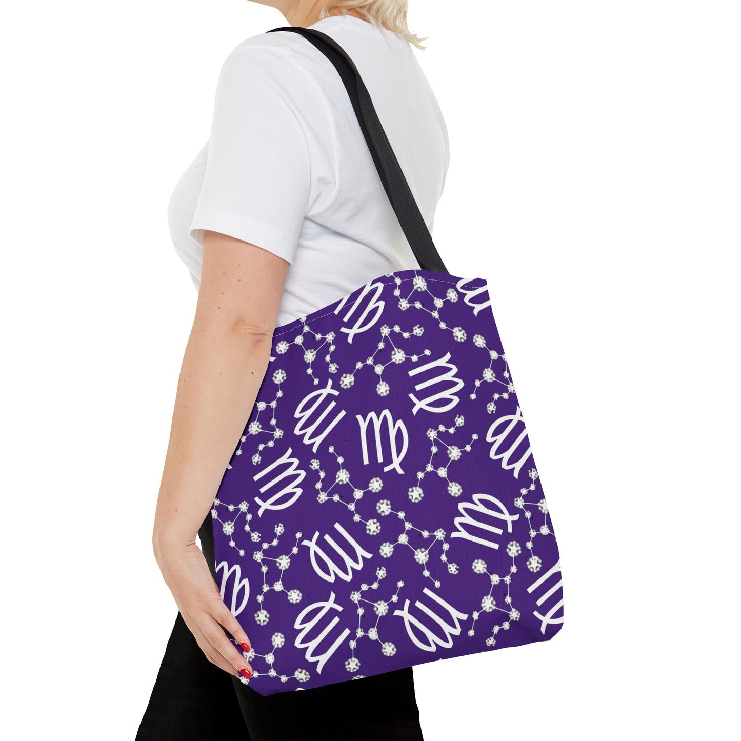 Tote Bag, Virgo Zodiac Sign, AOP, (Purple, White)