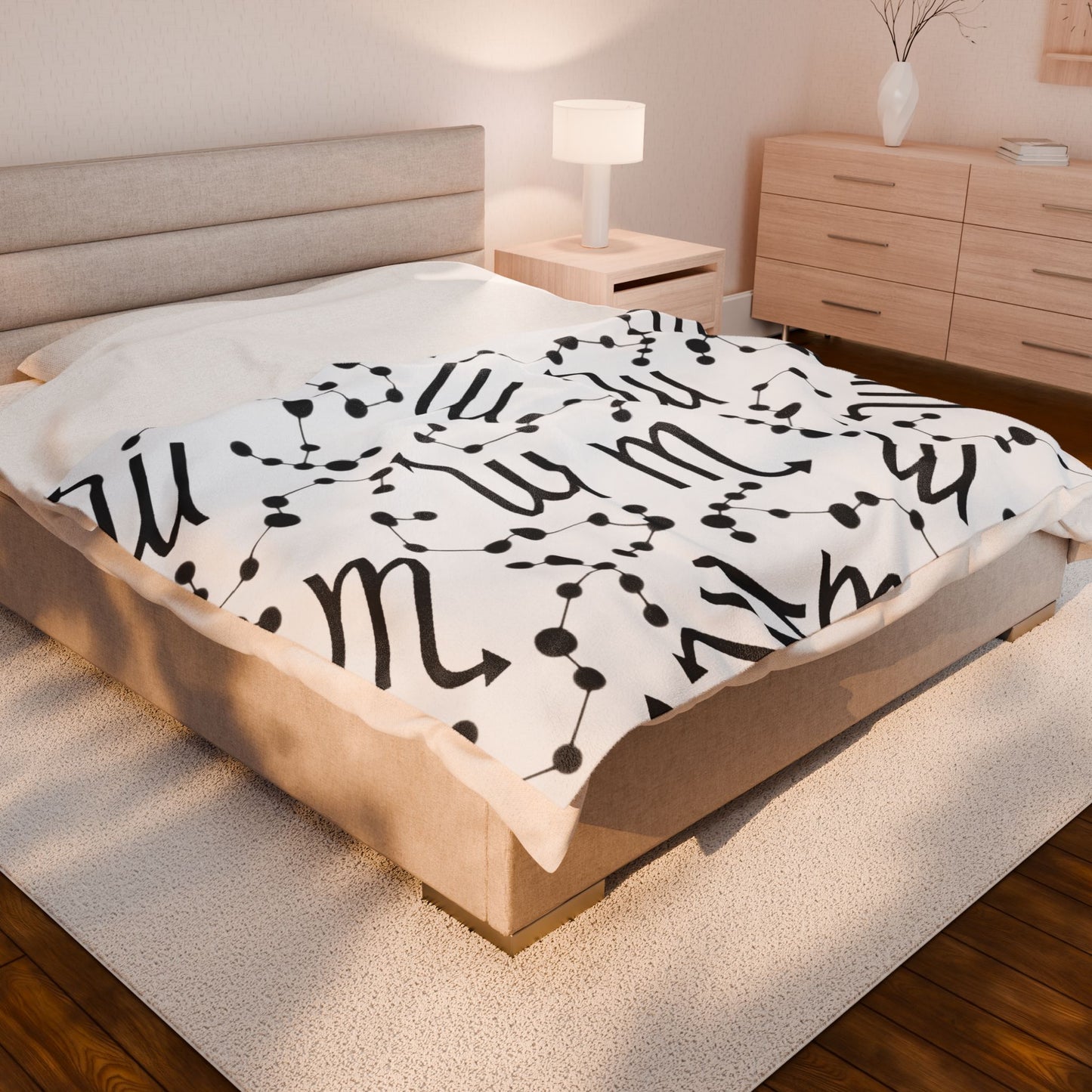 Velveteen Plush Blanket, Scorpio Zodiac Sign, Constellation & Symbol, White, 100% polyester