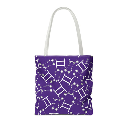 Tote Bag, Gemini Zodiac Sign, AOP, (Purple, White Print)