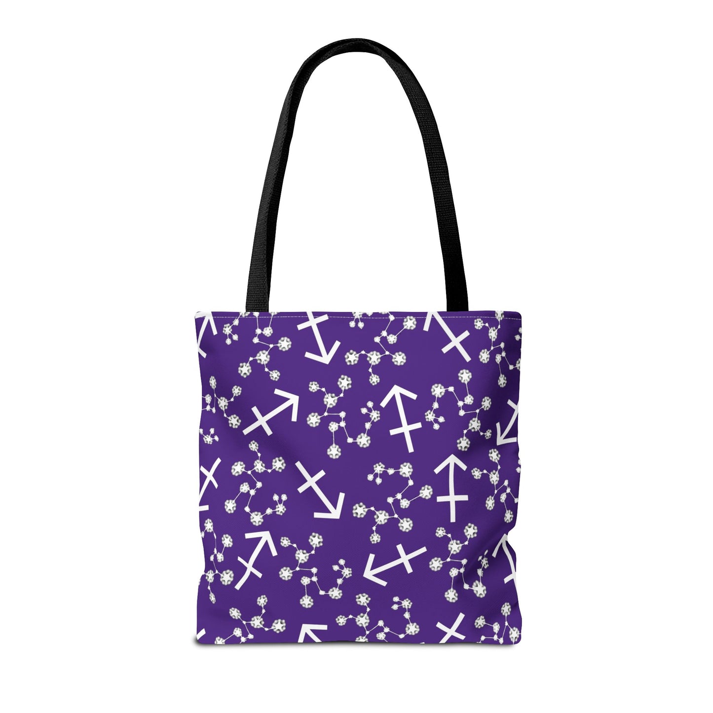 Tote Bag, Sagittarius Zodiac Sign, AOP, (Purple, White Print)