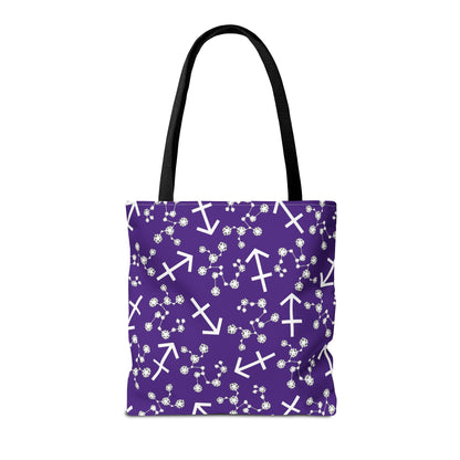 Tote Bag, Sagittarius Zodiac Sign, AOP, (Purple, White Print)