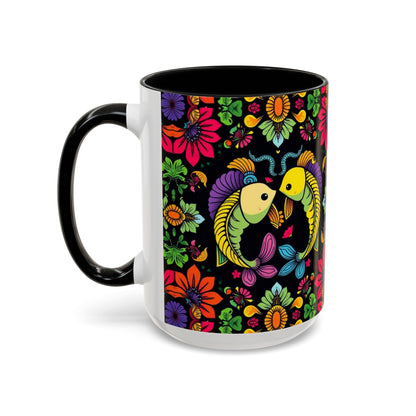 Accent Coffee Mug, Pisces, Zodiac v3, Flower Pattern, (11, 15oz)