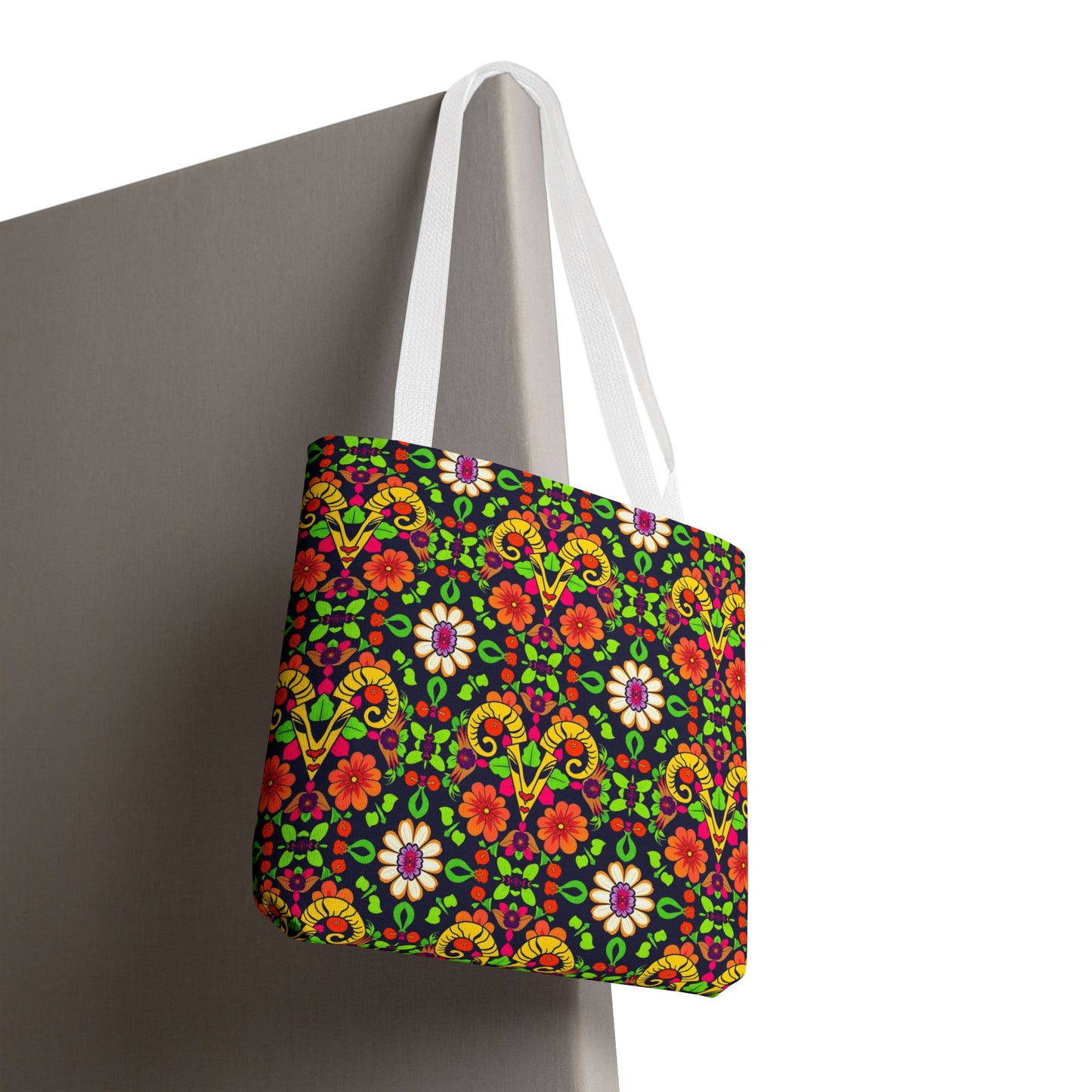 Tote Bag, (AOP), Aries, Zodiac, Flower Pattern