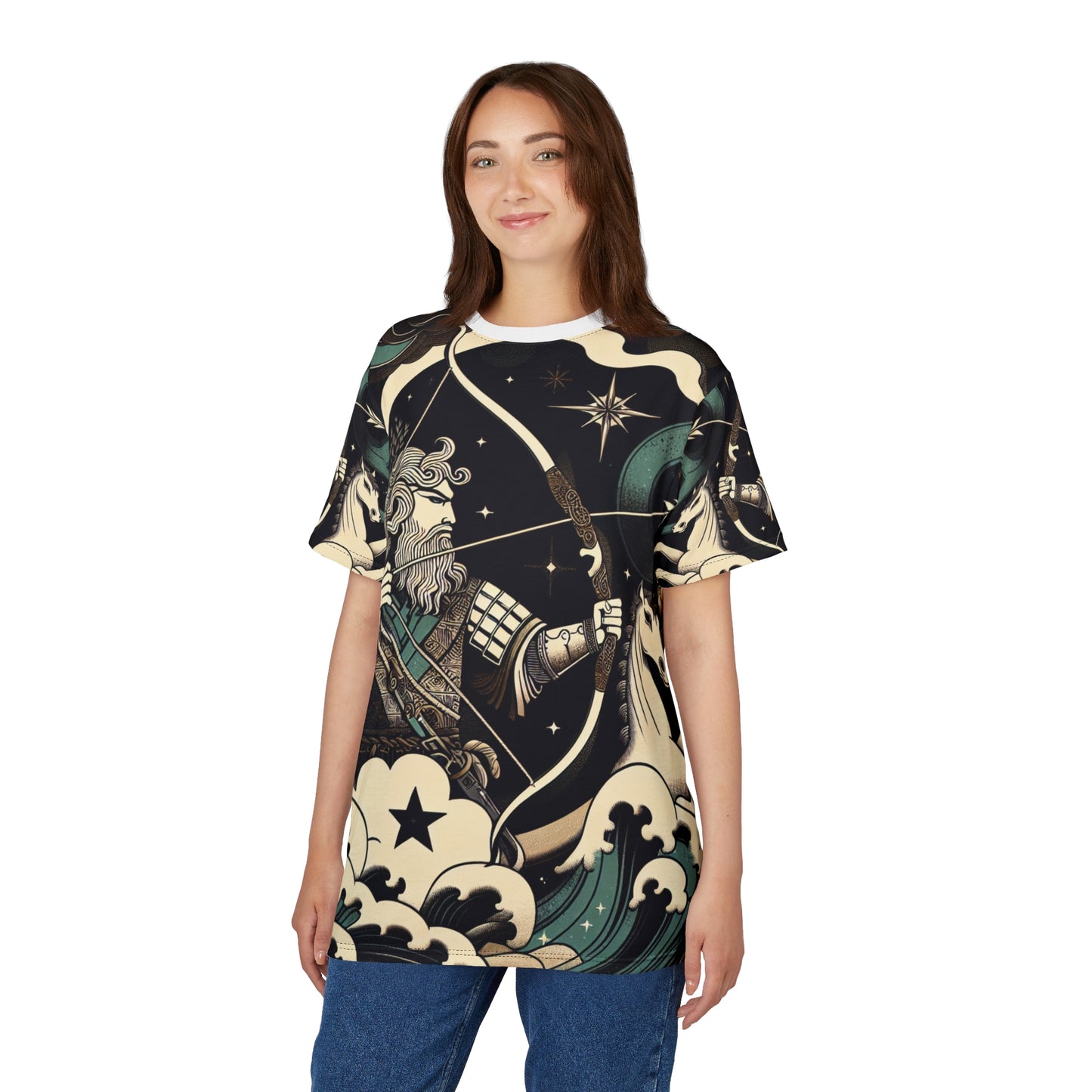 Unisex Cut & Sew T-Shirt (AOP), Arrow Horse, Sagittarius Zodiac Design, Regular fit, 100% Polyester