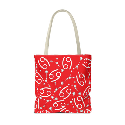 Tote Bag, Cancer Zodiac Sign, AOP, (Red, White)