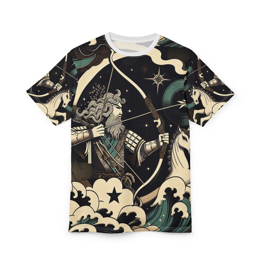Unisex Cut & Sew T-Shirt (AOP), Arrow Horse, Sagittarius Zodiac Design, Regular fit, 100% Polyester