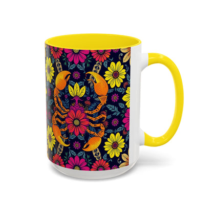 Accent Coffee Mug, Scorpio, Zodiac v3. Flower Pattern, (11, 15oz)