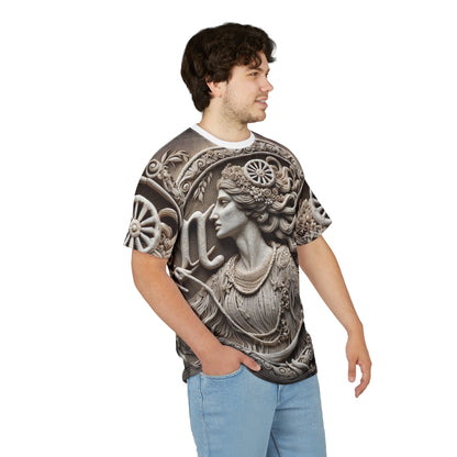 Unisex Cut & Sew T-Shirt (AOP), Lady Stone Carving, Virgo Zodiac Design, Regular fit, 100% Polyester