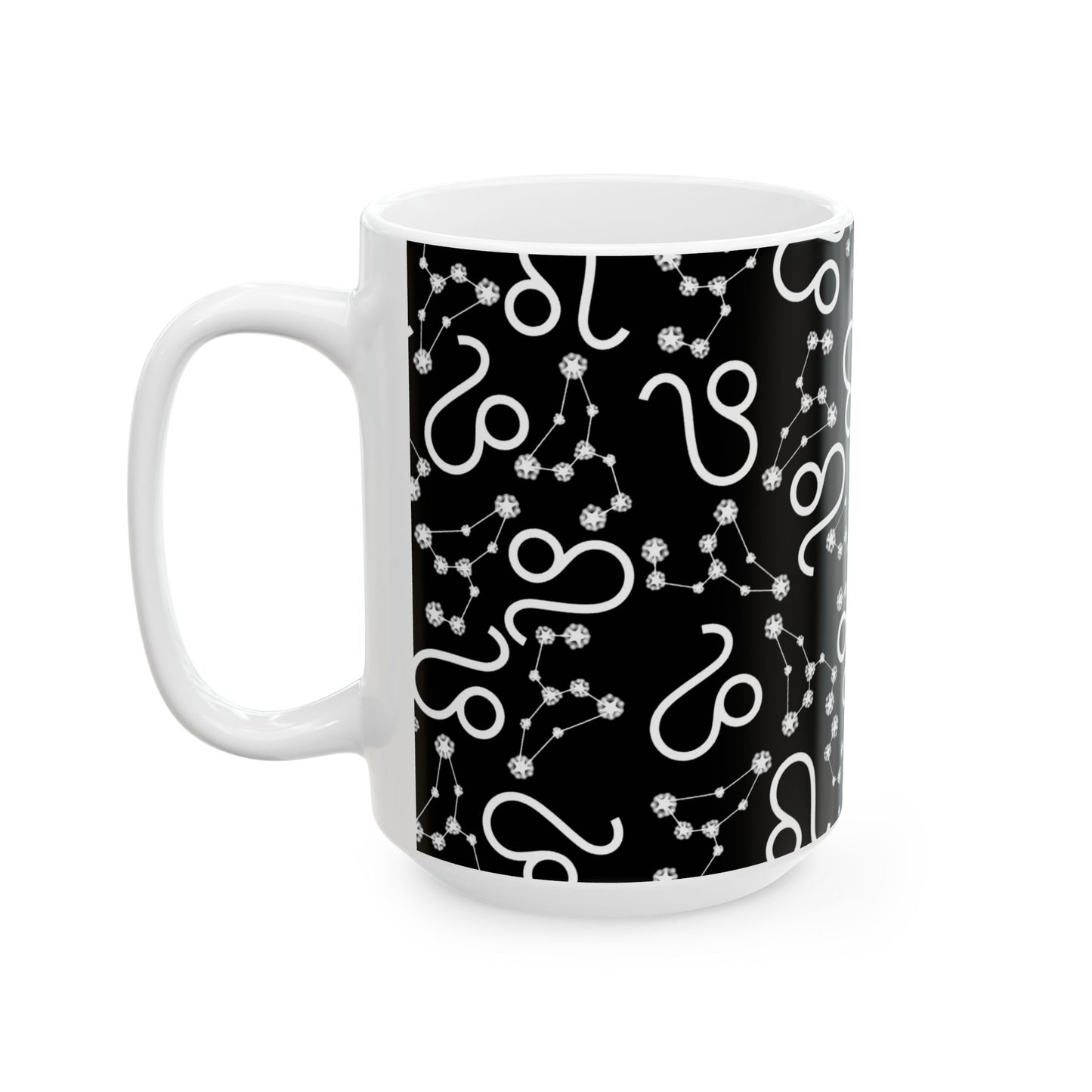 Ceramic Mug, (11oz, 15oz), Ceramic Coffee Mug, Black AOP, Leo Zodiac Design