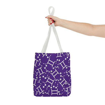 Tote Bag, Gemini Zodiac Sign, AOP, (Purple, White Print)