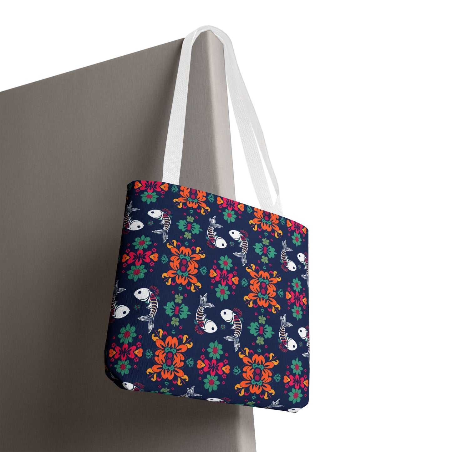 Tote Bag, (AOP), Pisces, Zodiac v6, Flower Pattern