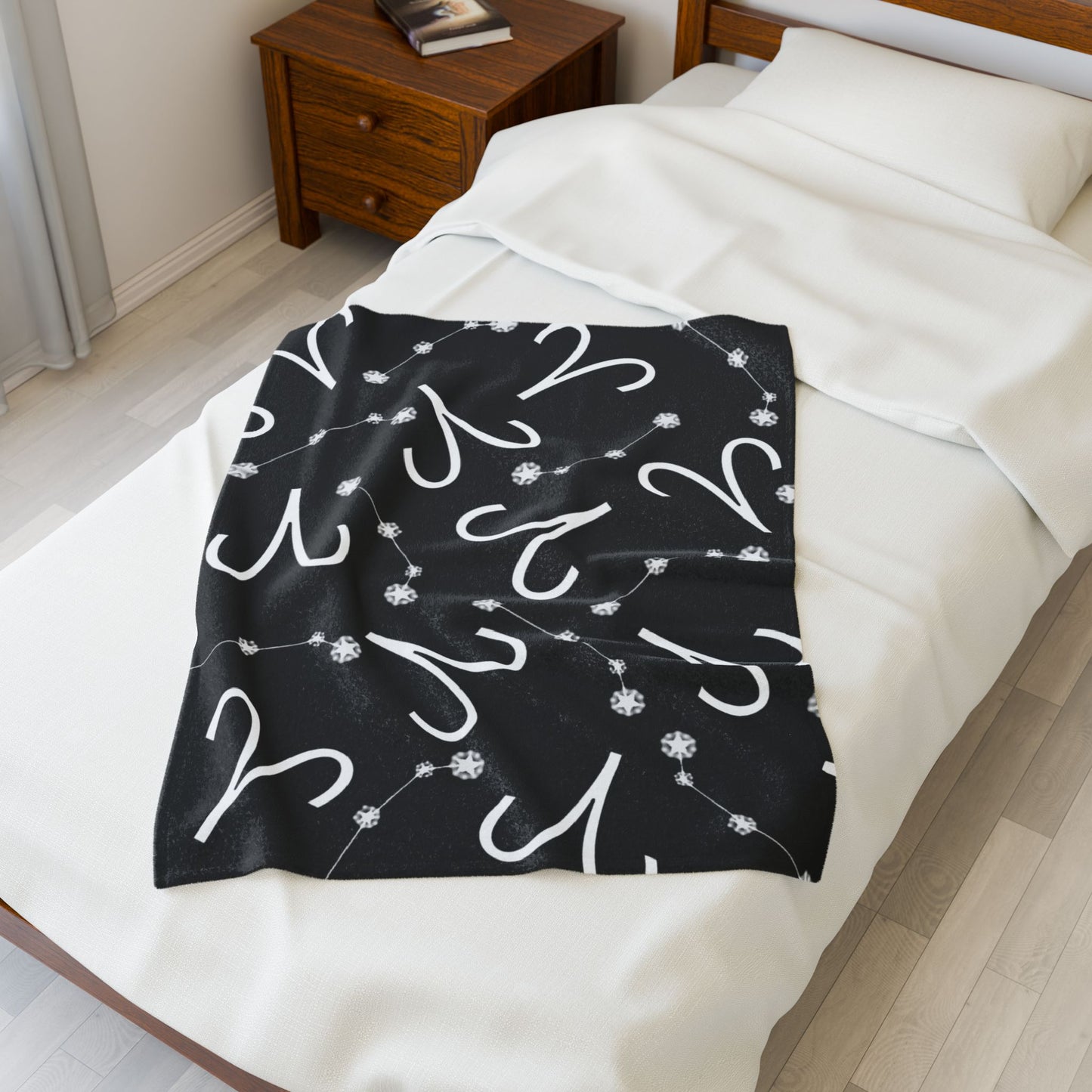 Velveteen Plush Blanket, Aries Zodiac Sign, Constellation & Symbol, Black, 100% polyester