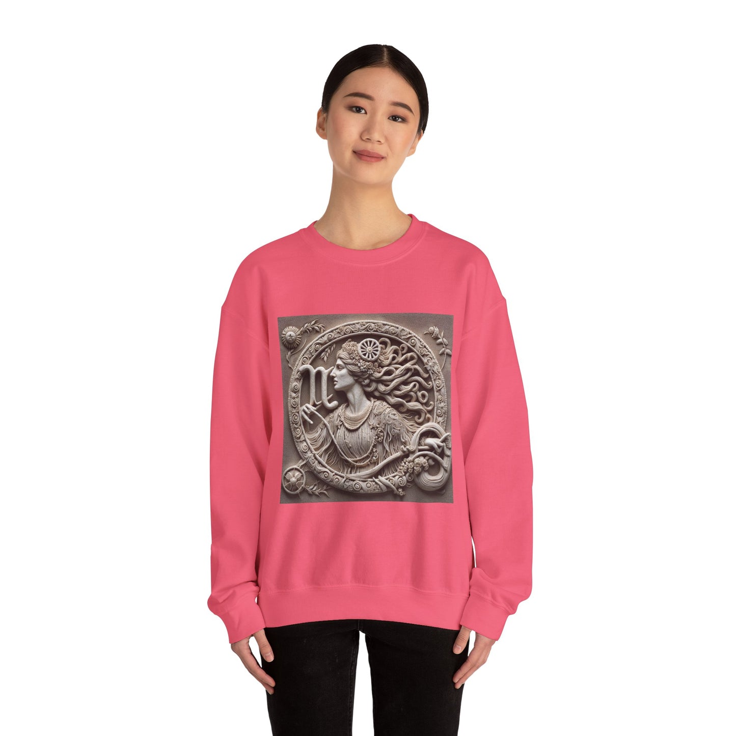 Unisex Heavy Blend™ Crewneck Sweatshirt, Stone Carving, Virgo Zodiac Design