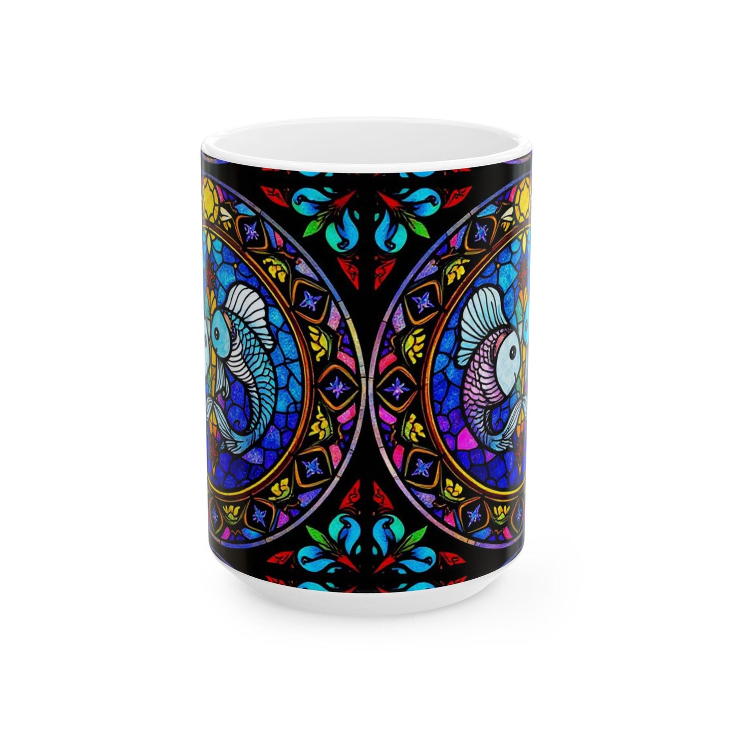 Ceramic Mug, (11oz, 15oz), Ceramic Coffee Mug, AOP, Glass Design v1, Pisces Zodiac Sign