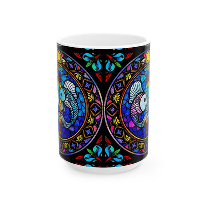 Ceramic Mug, (11oz, 15oz), Ceramic Coffee Mug, AOP, Glass Design v1, Pisces Zodiac Sign
