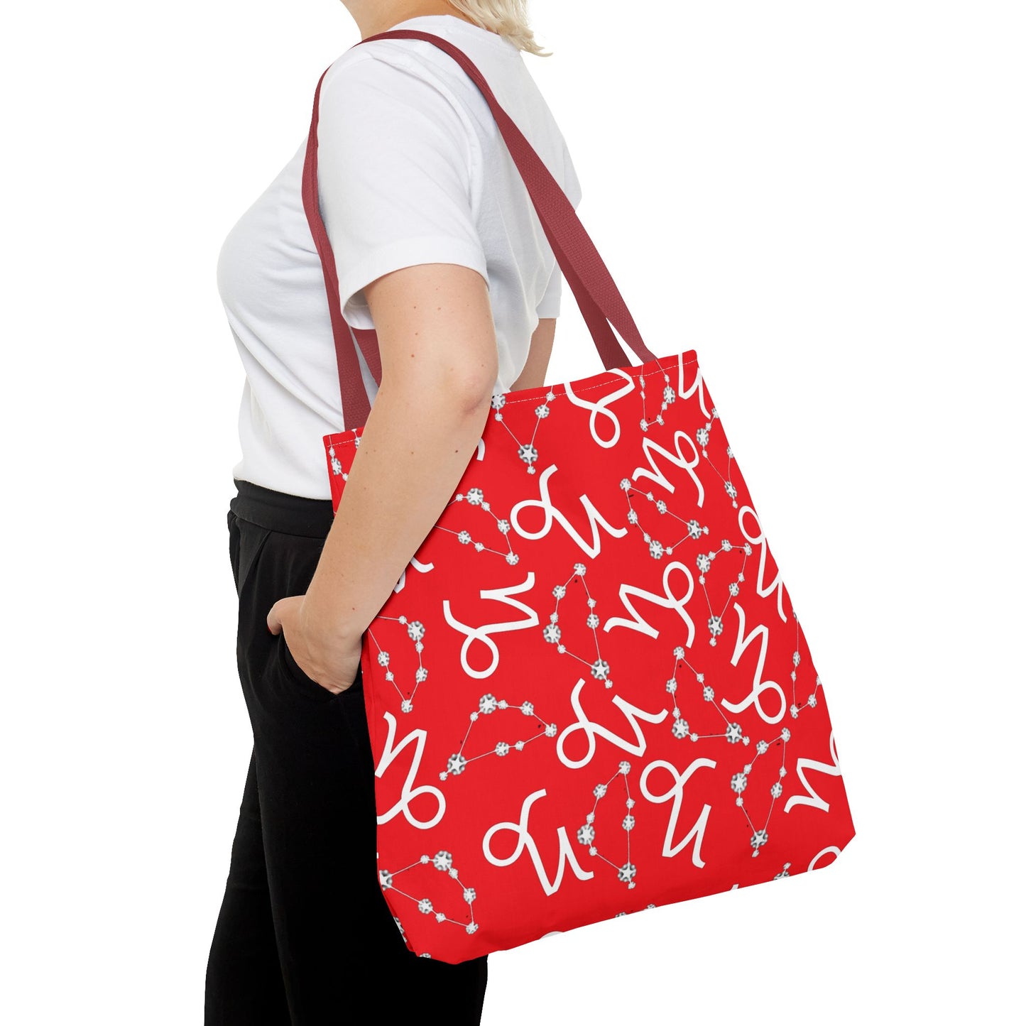 Tote Bag, Capricorn Zodiac Sign, AOP, (Red, White)