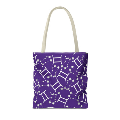 Tote Bag, Gemini Zodiac Sign, AOP, (Purple, White Print)