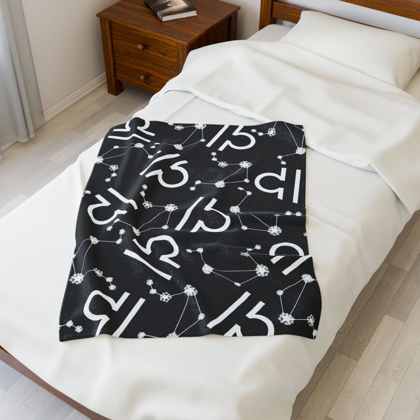 Velveteen Plush Blanket, Libra Zodiac Sign, Constellation & Symbol, Black, 100% polyester