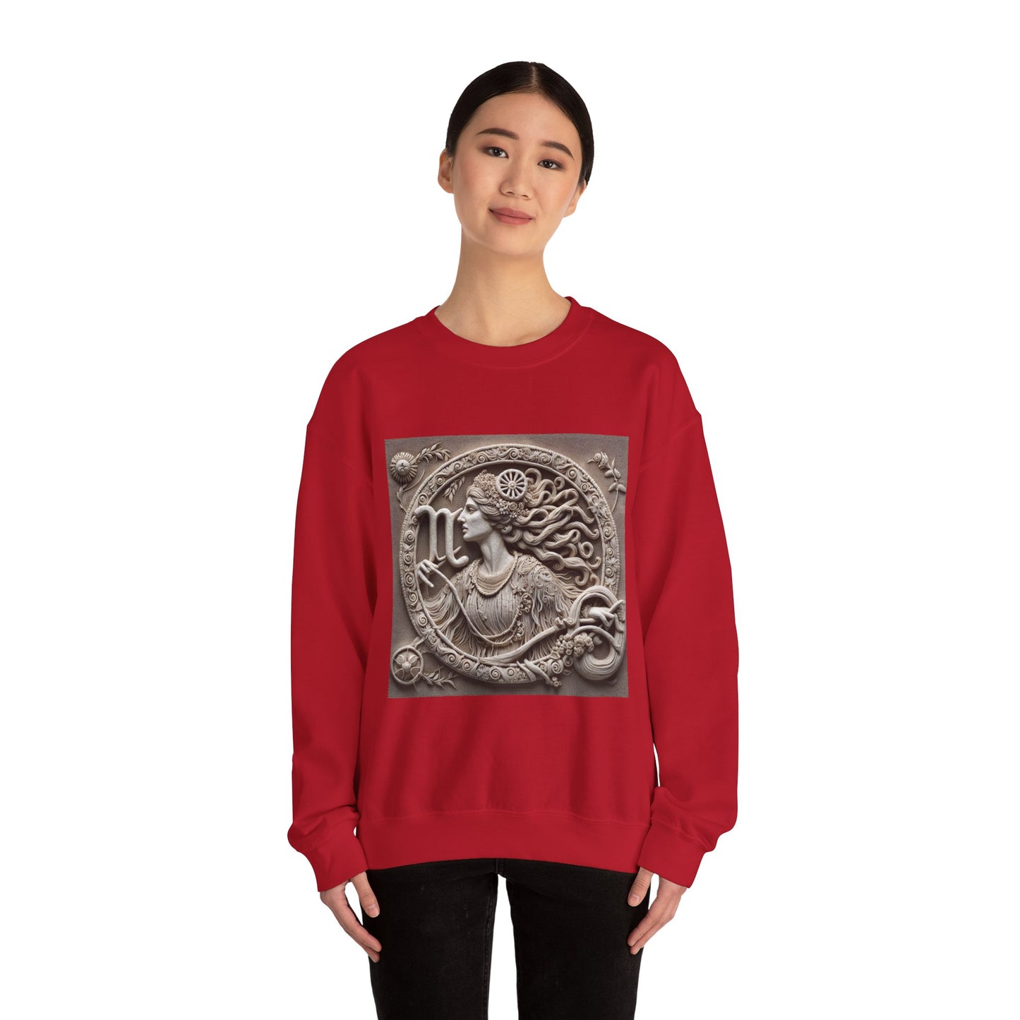 Unisex Heavy Blend™ Crewneck Sweatshirt, Stone Carving, Virgo Zodiac Design