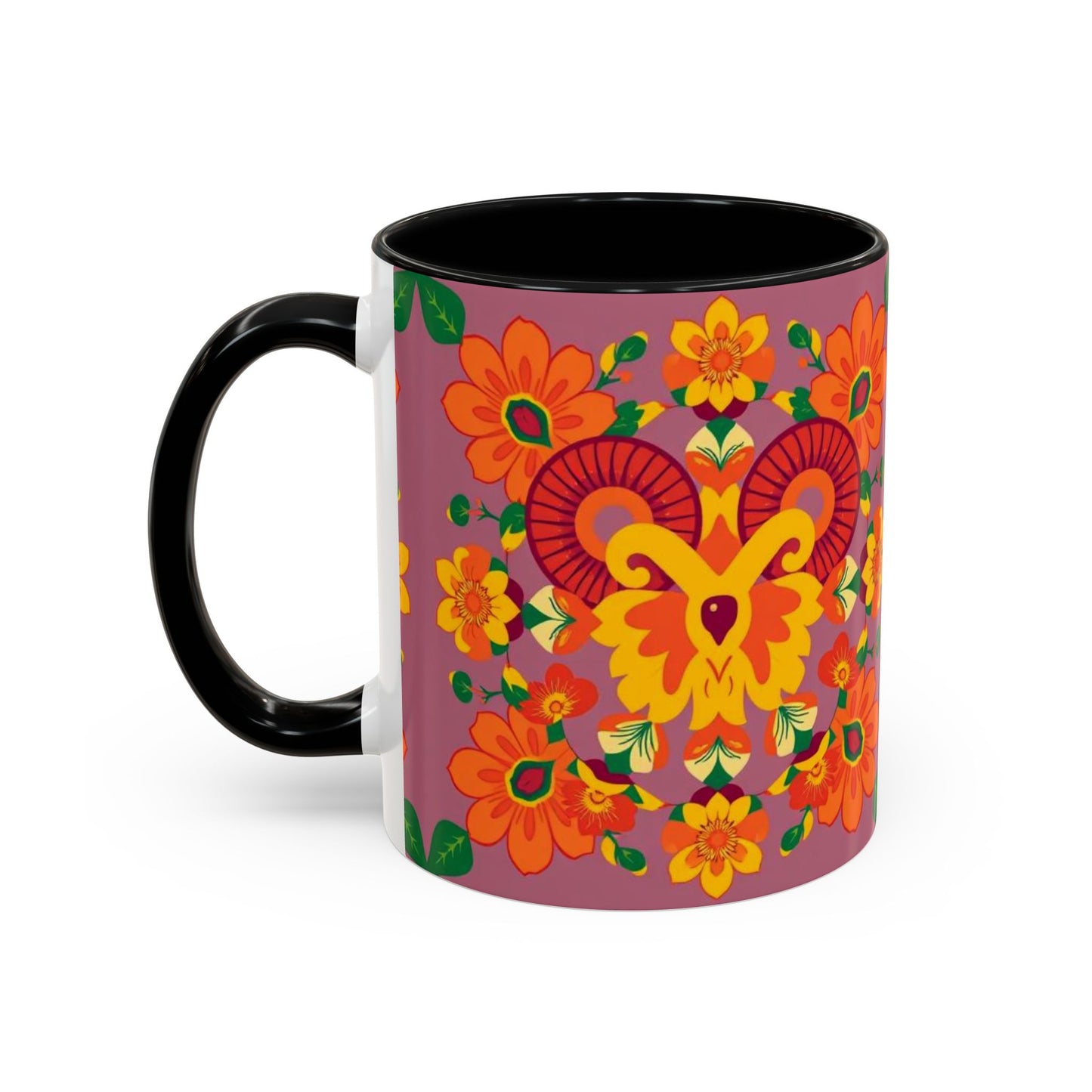Accent Coffee Mug, Aries, Zodiac v1, Flower Pattern, (11, 15oz)