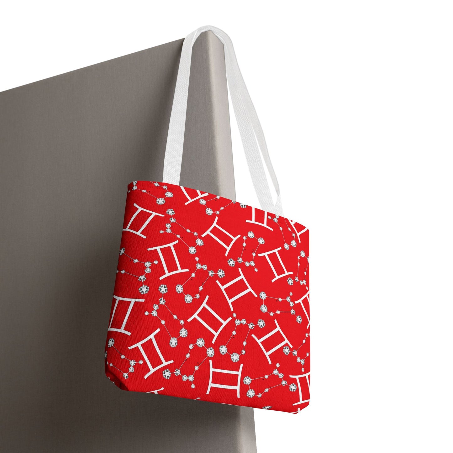 Tote Bag, Gemini Zodiac Sign, AOP, (Red, White Print)
