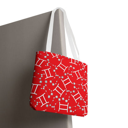 Tote Bag, Gemini Zodiac Sign, AOP, (Red, White Print)