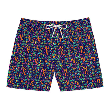 Men's Mid-Length Swim Shorts, (AOP), Aquarius, Zodiac v3, Bubble Pattern