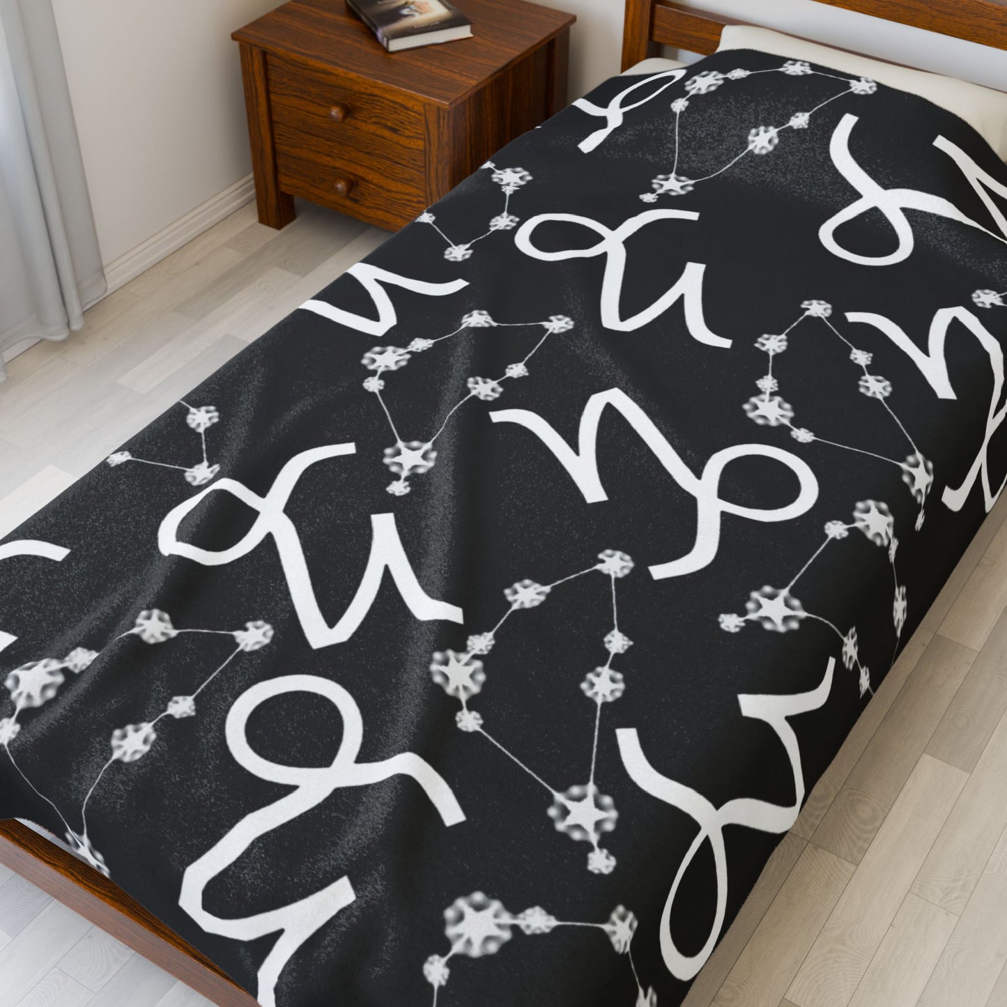 Velveteen Plush Blanket, Capricorn Zodiac Sign, Constellation & Symbol, Black, 100% polyester