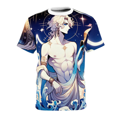 Unisex Cut & Sew T-Shirt (AOP), Anime Character, Aquarius Zodiac Design, Regular fit, 100% Polyester