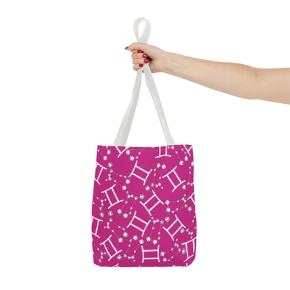 Tote Bag, Gemini Zodiac Sign, AOP, (Pink, White)