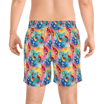 Men's Mid-Length Swim Shorts, (AOP), Pisces, Zodiac v1, Bubble Pattern