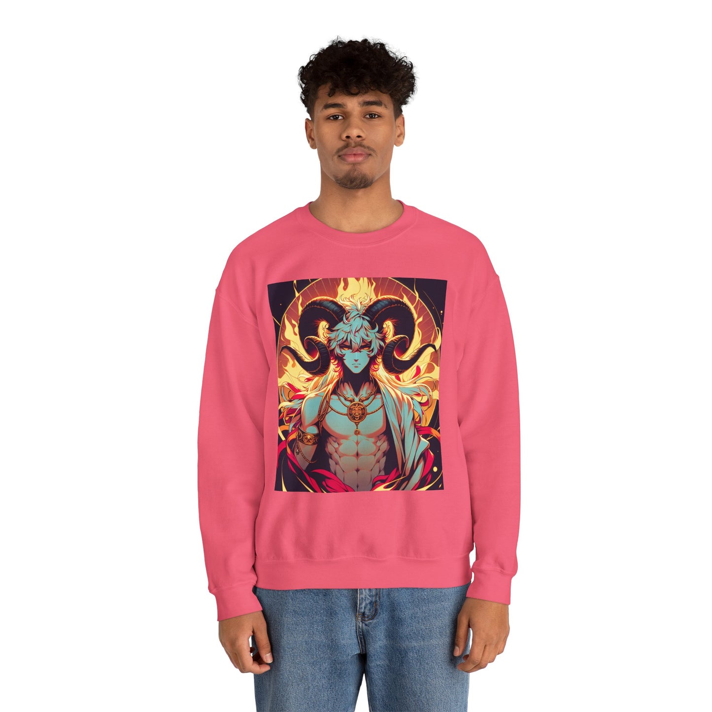 Unisex Heavy Blend™ Crewneck Sweatshirt, Anime Fire Aries, Zodiac Design