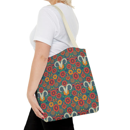 Tote Bag, (AOP), Aries, Zodiac v1, Flower Pattern
