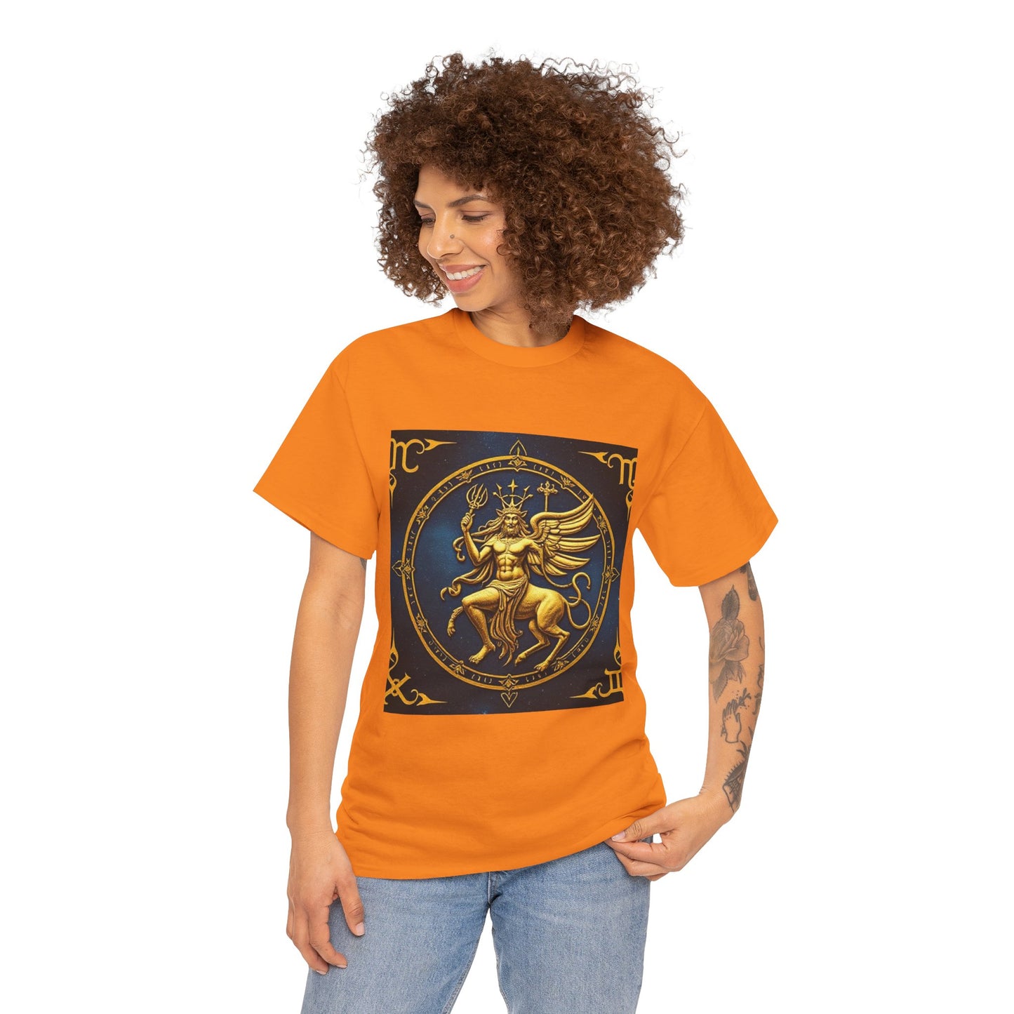 Unisex Heavy Cotton T-Shirt, Gold Angel, Symbol, Virgo Zodiac Design